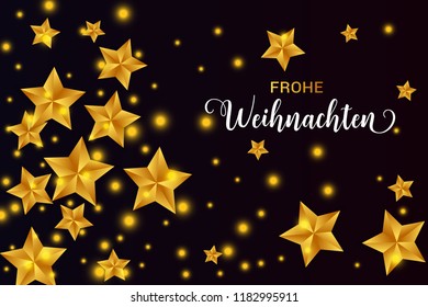 Frohe Weihnachten Merry Christmas german text. Christmas vector card with golden stars and round confetti on black background.