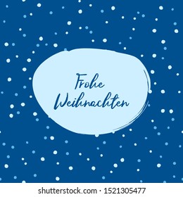 Frohe Weihnachten Merry Christmas German text illustration with falling doodle, hand drawn snow and snowflakes.