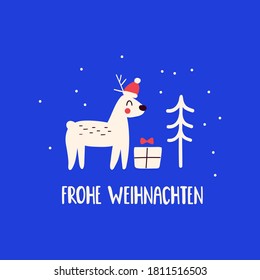 Frohe weihnachten es una feliz Navidad en alemán. Ilustración vectorial para tarjeta de felicitación en fondo azul. 