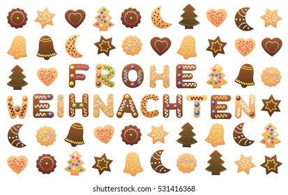 FROHE WEIHNACHTEN - Merry Christmas in german, written among christmas cookies and gingerbread cookies.