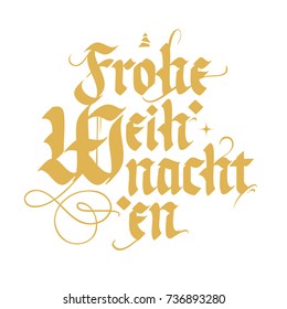 Frohe Weihnachten, Merry Christmas in german, vintage style lettering, golden on white