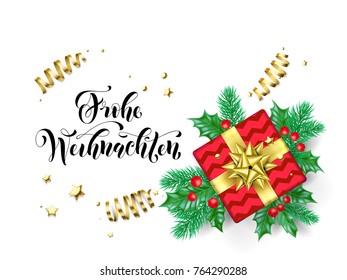 Frohe Weihnachten Merry Christmas German holiday hand drawn quote calligraphy greeting card background template. Vector Christmas tree holly wreath decoration, golden ribbon confetti on white design