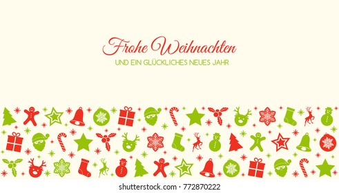 Frohe Weihnachten - Merry Christmas in German. Christmas card with ornaments. Vector.