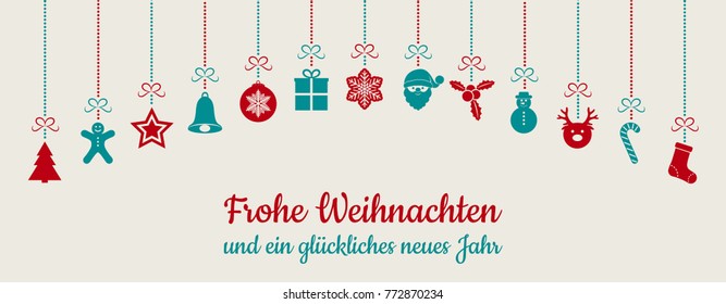 Frohe Weihnachten - Merry Christmas in German. Christmas card with ornaments. Vector.