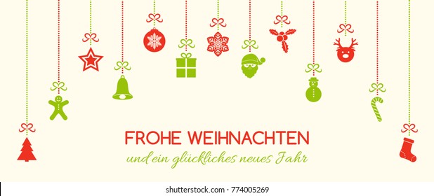 Frohe Weihnachten - Merry Christmas in German. Christmas card with ornaments. Vector. 