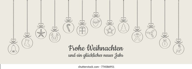 Frohe Weihnachten - Merry Christmas in German. Christmas card with ornaments. Vector.	
