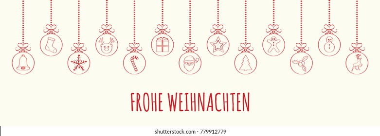 Frohe Weihnachten - Merry Christmas in German. Christmas card with ornaments. Vector.	