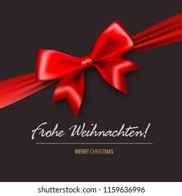 Frohe Weihnachten - Merry Christmas in Germany. Red gift silk bow vertical banner. Season holidays background. Realistic 3d satin ribbon isolated.