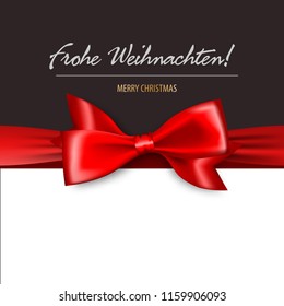 Frohe Weihnachten - Merry Christmas in Germany. Red gift silk bow vertical banner. Season holidays background. Realistic 3d satin ribbon isolated.