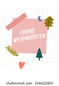 Frohe Weihnachten! Merry Christmas! Modern greeting x-mas card, postcard. Cute trendy vector template for social media marketing, web banner, stationery. Holiday retail poster, arty graphic print.