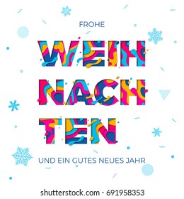 Frohe Weihnachten Feliz Navidad y Neus Jahr Feliz Año Nuevo Alemán tarjeta de felicitación fondo blanco o afiche de deseos en Alemania. Vector de vacaciones de invierno de vacaciones de nieve flakes de nieve patrón de tallado multitexto diseño