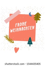 Frohe Weihnachten! Modern greeting x-mas card, postcard. Cute trendy vector template for social media marketing, web banner, stationery. Holiday themed retail poster, arty graphic print in red, green