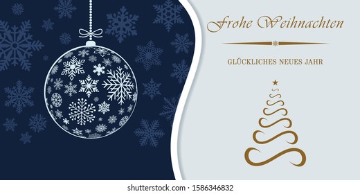 Frohe Weihnachten and Glückliches neues Jahr german greeting card vector with snowflakes and tree.
Translation: Frohe Weihnachten is MerryChristmas, Glückliches neues Jahr is Happy New Year.