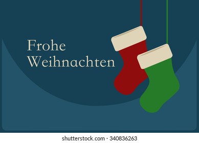 Frohe Weihnachten poster with Christmas Socks on blue background. Merry Christmas Germany!