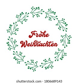 Frohe Weihnachten quote in German as logo or header. Translated Merry Christmas. Celebration Lettering for poster, card, invitation, banner.