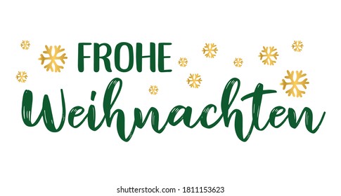 Frohe Weihnachten quote in German as logo or header. Translated Merry Christmas. Celebration Lettering for poster, card, invitation, banner.