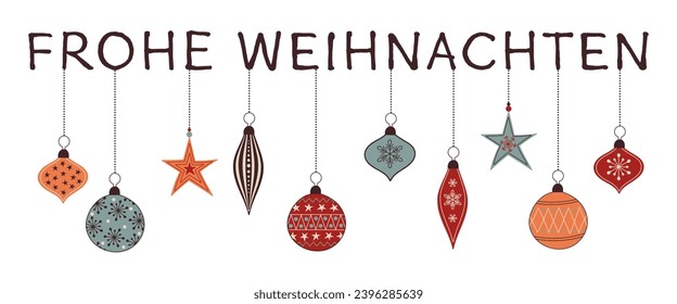 Frohe Weihnachten - Text in deutscher Sprache - Frohe Weihnachten. Grußbanner mit bunten Weihnachtsbällen.