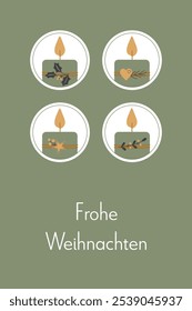 Frohe Weihnachten - Text in deutscher Sprache - Frohe Weihnachten. Grußkarte mit vier verzierten Kerzen in Grün, Gold und Anthrazit.