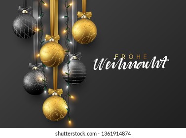 Frohe Weihnachten translation Merry Christmas. Christmas greeting card, design of xmas ball with realistic garlands on dark background.