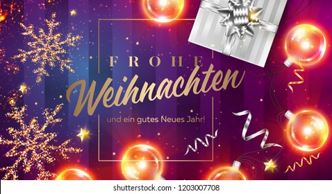 Frohe Weihnachten und ein gutes Neues Jahr Vector Card. Merry Christmas and Happy New Year in German. Xmas Poster Template with Frame, Black Gift Box, Ribbon, Christmas Lights, Golden Glittering Star.