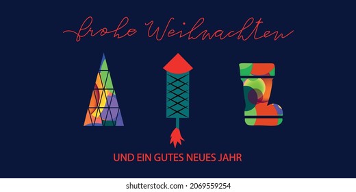 Frohe Weihnachten und ein gutes neues Jahr. Christmas card with colorful X-mas elements. German language text - Merry Christmas and a Happy New year. decorative Christmas ornaments