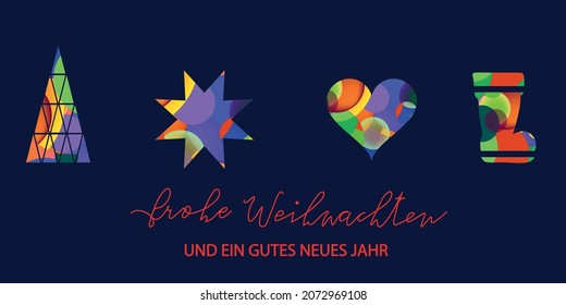 Frohe Weihnachten und ein gutes Jahr. Deutscher Text - Frohe Weihnachten und ein glückliches neues Jahr. Weihnachtskarte mit bunten Weihnachtselementen. Weihnachtsschmuck