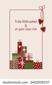 Frohe Weihnachten und ein gutes neues Jahr - text in German language - Merry Christmas and a Happy New Year. Greeting card with colorful gift packages.