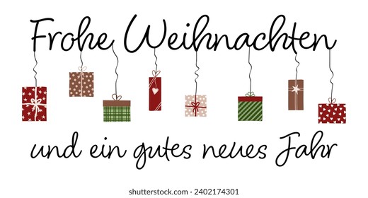 Frohe Weihnachten und ein gutes neues Jahr - text in German language - Merry Christmas and a Happy New Year. Greeting card with hanging Christmas packages.