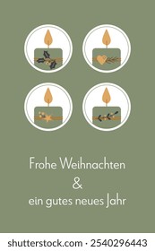 Frohe Weihnachten und ein gutes neues Jahr - texto en idioma alemán - Feliz Navidad y Feliz Año Nuevo. Tarjeta de felicitación con cuatro velas decoradas en verde, oro y antracita.