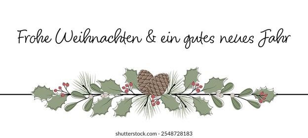 Frohe Weihnachten und ein gutes neues Jahr - texto en idioma alemán - Feliz Navidad y Feliz Año Nuevo. Tarjeta de felicitación con piñas, hojas y bayas.