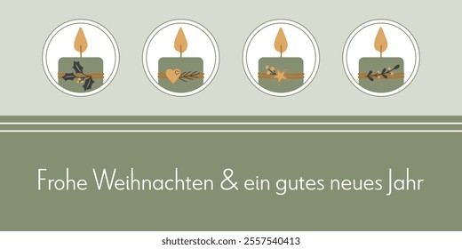 Frohe Weihnachten und ein gutes neues Jahr - text in German language - Merry Christmas and a Happy New Year. Greeting card with four decorated candles in green, gold and anthracite.