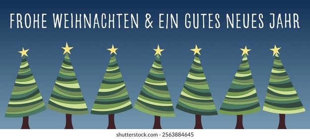 Frohe Weihnachten und ein gutes neues Jahr - text in German language - Merry Christmas and a Happy New Year. Greeting card with Christmas trees.