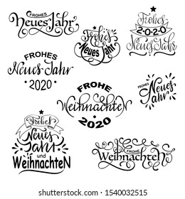 Frohe Weihnachten und  Frohes Neues Jahr - German Merry Christmas and Happy New Year Set of Calligraphic deutsch Inscription. Greeting card, Lettering invitation with happy New year and Christmas.