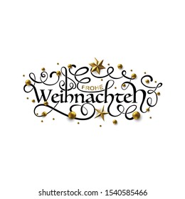 Frohe Weihnachten und Frohes Neues Jahr - Frohe Weihnachten und Glück Neues Jahr in deutscher Grußkarte mit Lettern. Deutsch-Weihnachten. Kalligraphische Inschrift mit goldenen Sternen und Perlen dekoriert.