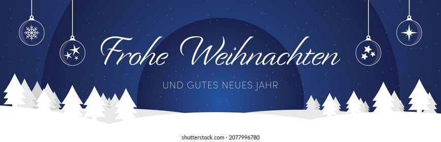 Frohe Weihnachten und gutes neues Jahr. Traducción: Feliz Navidad y Feliz Año Nuevo. Pancarta de Navidad en invierno