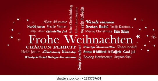 Frohe Weihnachten vector lettering. In all European Union languages with stars. Red back.
With stars. German Frohe Weihnachten and all Other text is Merry Christmas in English.