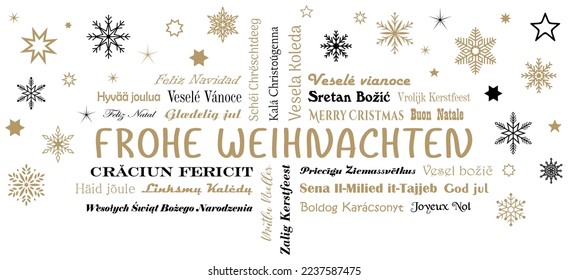 Frohe Weihnachten, Vektorschrift. Sprachen der Europäischen Union mit Sternen und Schneeflocken in Schwarz und Gold
. Weißer Rücken.
Deutsch Frohe Weihnachten und alles Andere ist Frohe Weihnachten auf Englisch.