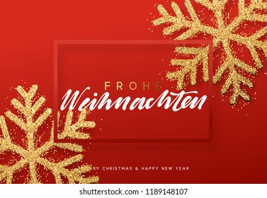 Frohe Weihnachten. Xmas background with shining golden snowflakes. Christmas greeting card vector Illustration.