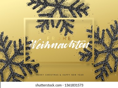 Frohe Weihnachten. Xmas background with shining black snowflakes. Christmas greeting card vector Illustration.