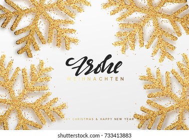 Frohe Weihnachten. Xmas background with shining golden snowflakes. Christmas greeting card vector Illustration.