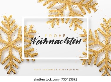 Frohe Weihnachten. Xmas background with shining golden snowflakes. Christmas greeting card vector Illustration.