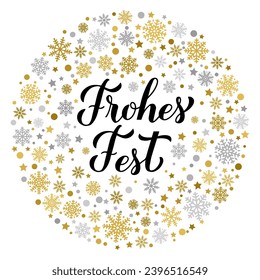 Frohes Fest calligraphy hand lettering with gold and silver snowflakes, stars and dots. Happy Holidays typography poster in German. Vector template for greeting card, banner, flyer, sticker, etc