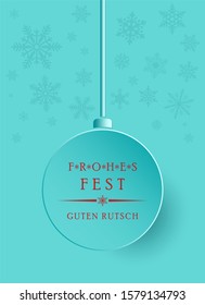 Frohes Fest Christmas bauble vector. Snowflakes, hanger and German Christmas greetings. Blue background.
Translation german to english: Frohes Fest is Merry Christmas, Guten Rutsch is Happy New Year.