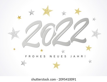 Frohes Neues Jahr 2022 diseño de texto del logo plateado y estrellas. Texto alemán Frohes Neues Jahr, traducir Feliz Año Nuevo. Ilustración vectorial con números y estrella dorada