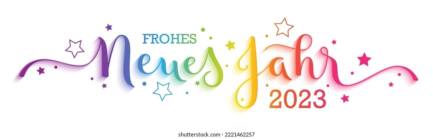 FROHES NEUES JAHR 2023 (FELIZ AÑO NUEVO 2023 en alemán) caligrafía de pincel de arcoiris con estrellas coloridas