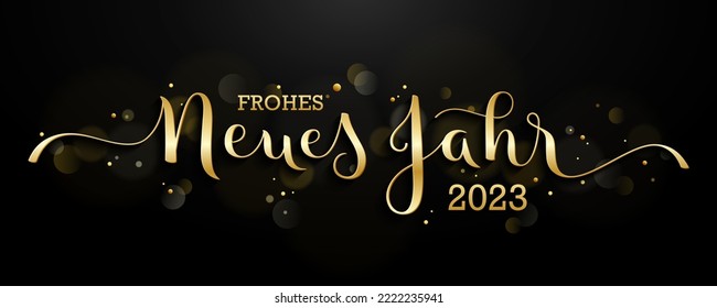 FROHES NEUES JAHR 2023 (FELIZ AÑO NUEVO 2023 en alemán) caligrafía de pincel metálico de oro con estrellas de oro sobre fondo negro