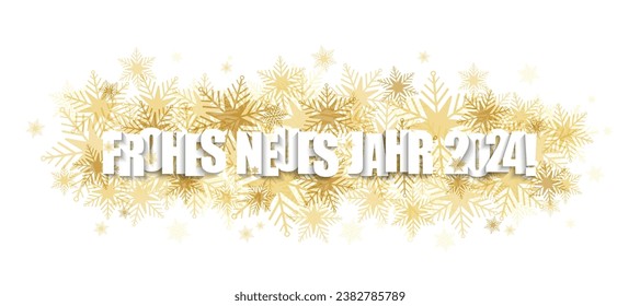 FROHES NEUES JAHR 2024! (HAPPY NEW YEAR 2024! in German) vector typography banner with gold snowflakes on white background