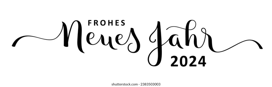 FROHES NEUES JAHR 2024 (FELIZ AÑO NUEVO 2024 en alemán) pancarta de caligrafía de pincel vectorial negro con salpicaduras