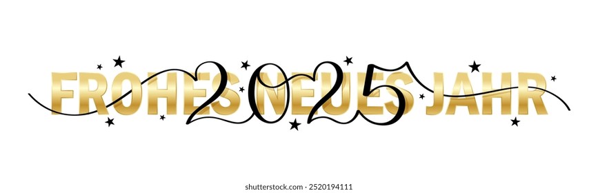 FROHES NEUES JAHR 2025 (FELIZ AÑO NUEVO 2025 en alemán) Anuncio de caligrafía de pincel de Vector negro y dorado