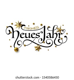 Frohes Neues Jahr - Feliz Año Nuevo en tarjeta de felicitación alemana con letra de diseño tipográfico. Navidad Alemana. Inscripción caligráfica decorada con estrellas doradas y cuentas.